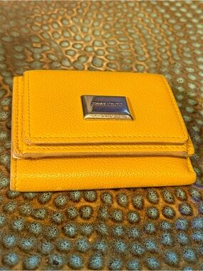Jimmy Choo Marigold Yellow Leather Compact Snap Flap Trifold Unisex Wallet
